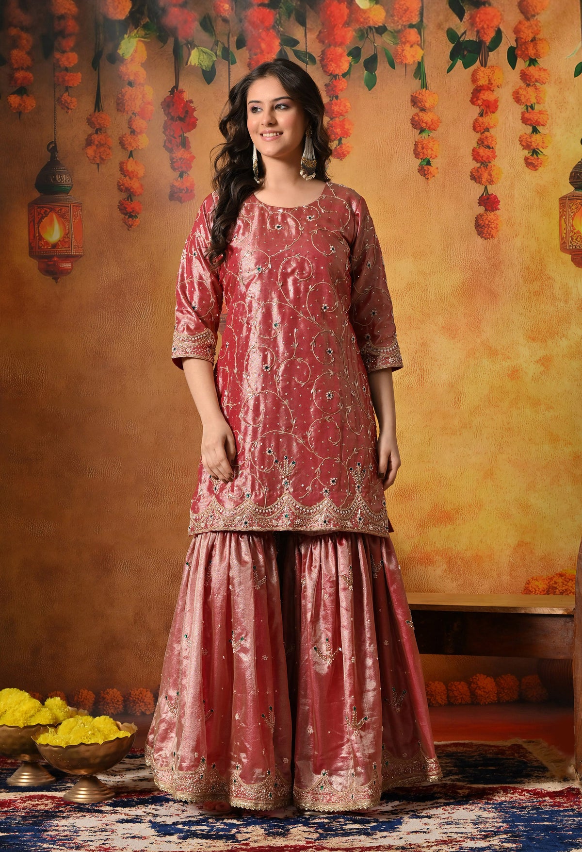 Golden Pink Zardozi Embroidered Tissue Silk Gharara