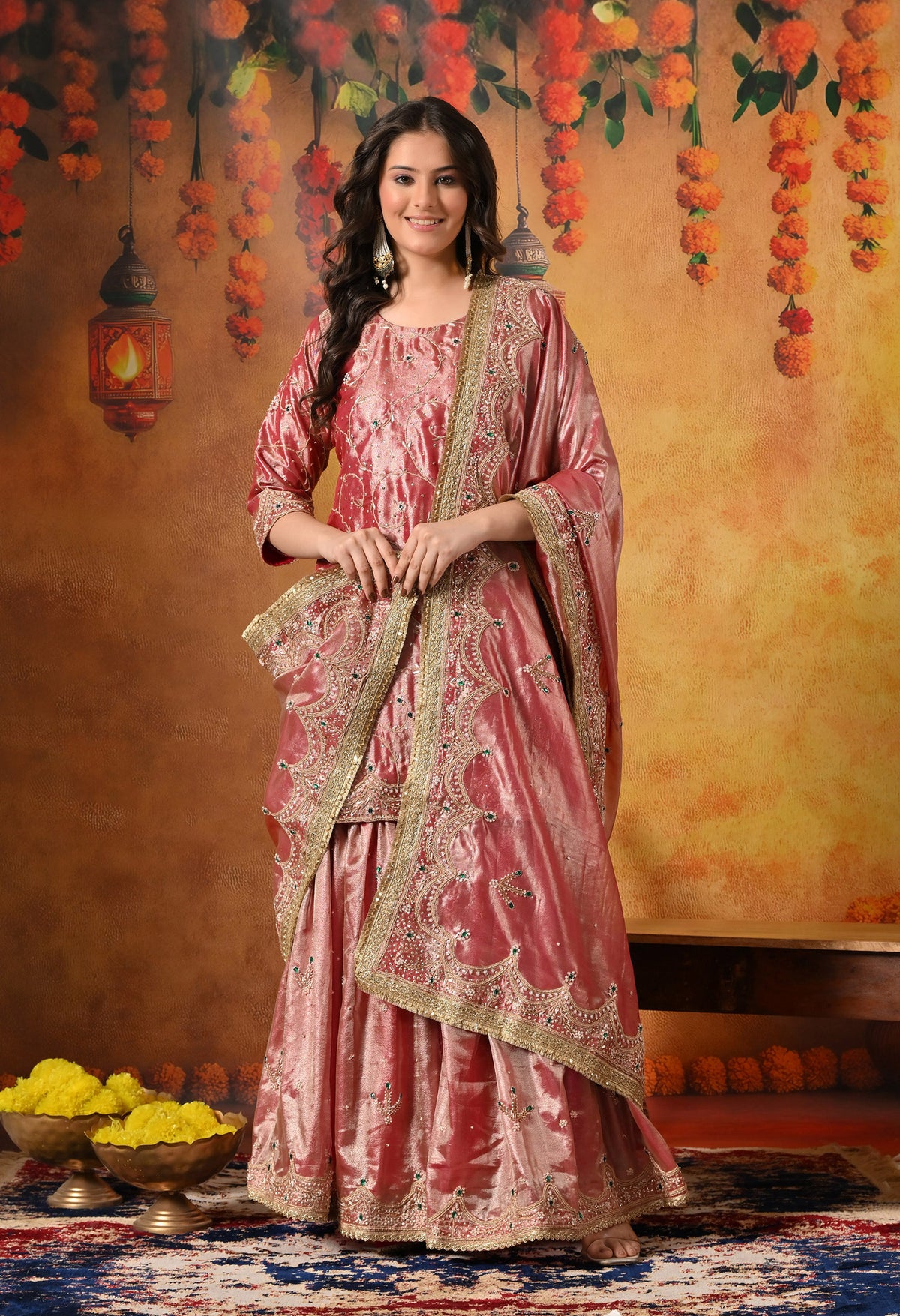 Golden Pink Zardozi Embroidered Tissue Silk Gharara