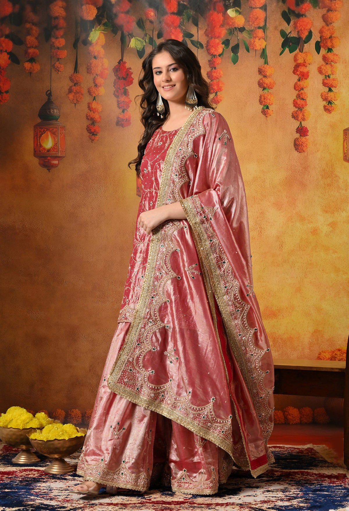Golden Pink Zardozi Embroidered Tissue Silk Gharara