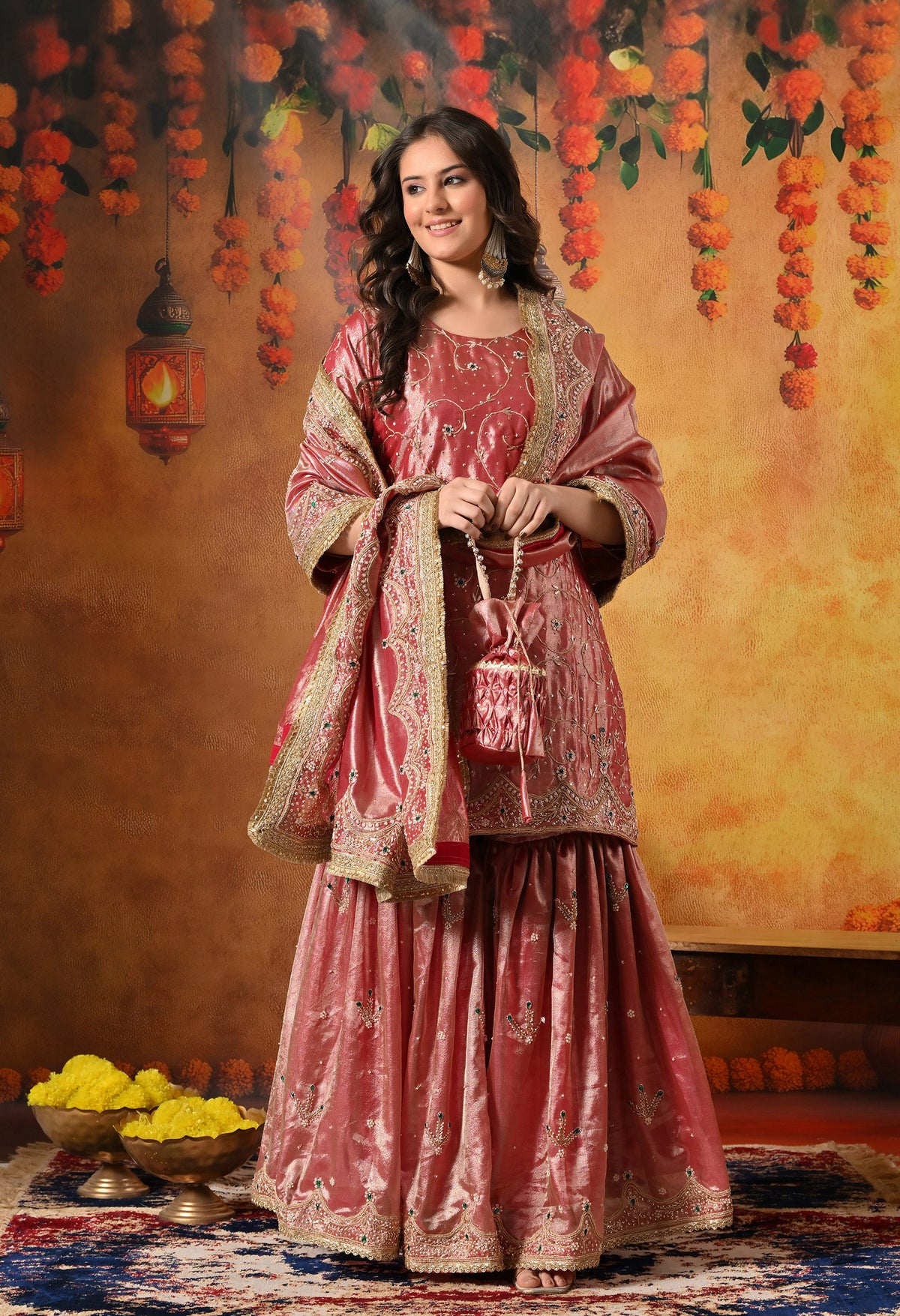 Golden Pink Zardozi Embroidered Tissue Silk Gharara