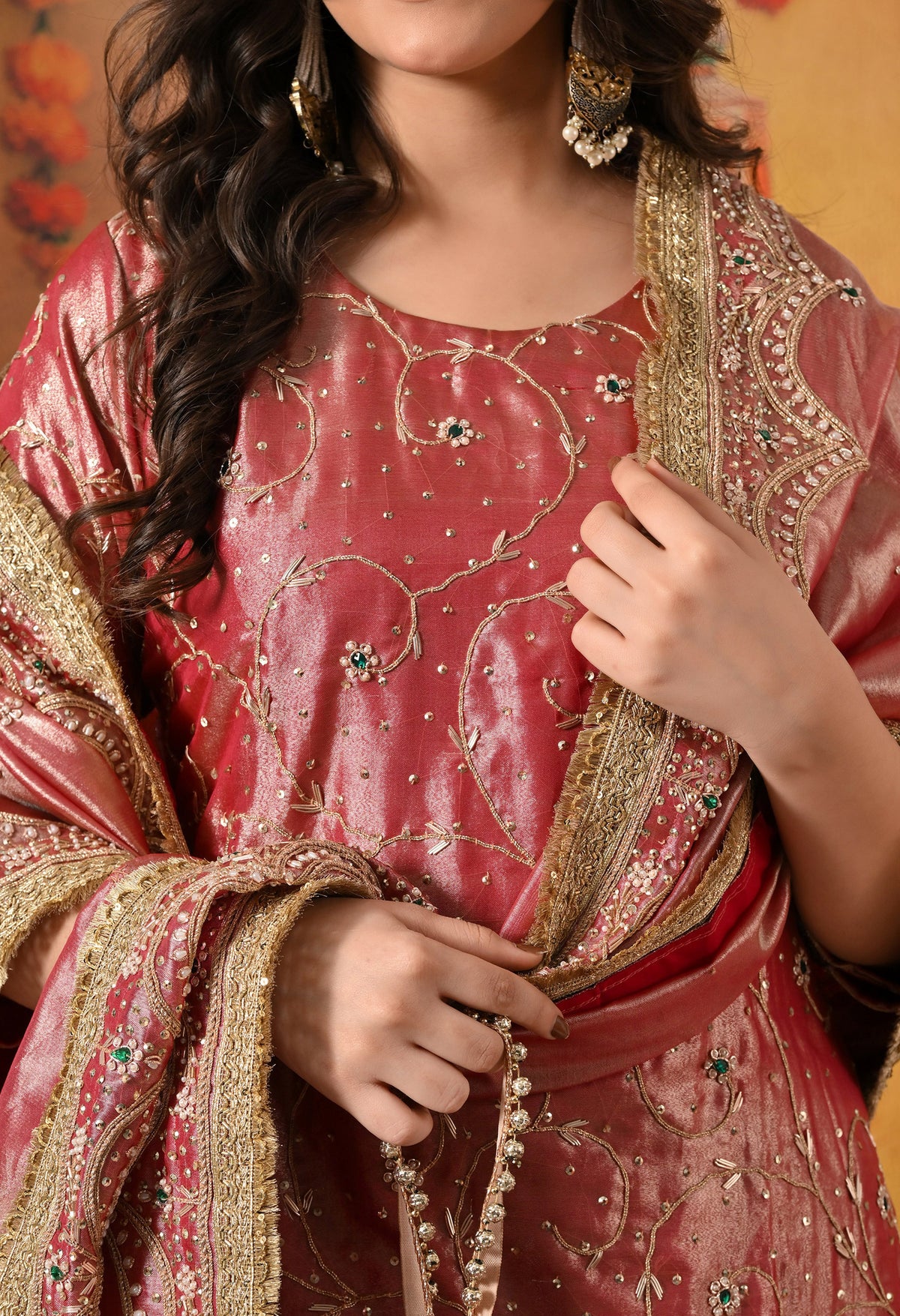 Golden Pink Zardozi Embroidered Tissue Silk Gharara