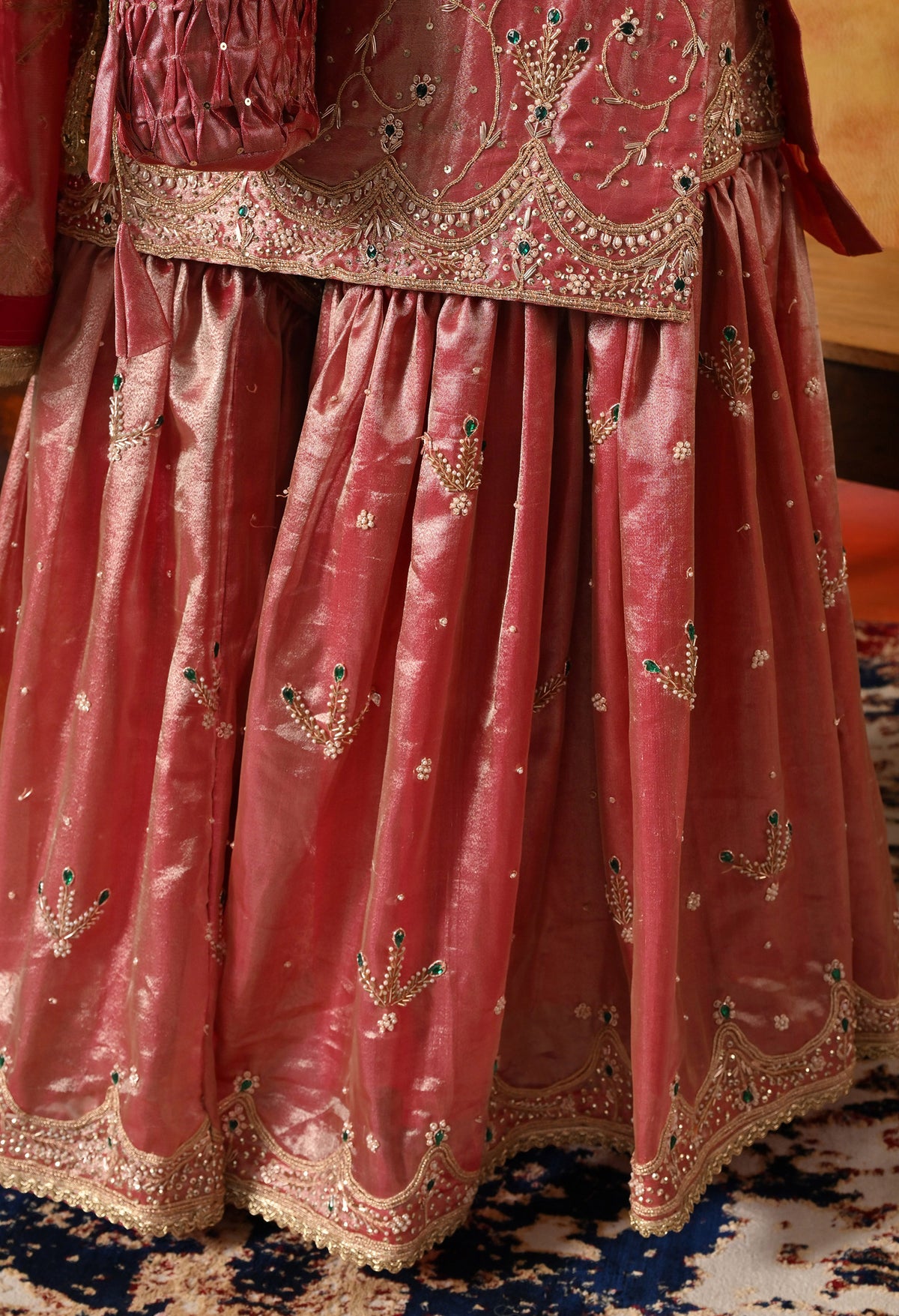 Golden Pink Zardozi Embroidered Tissue Silk Gharara