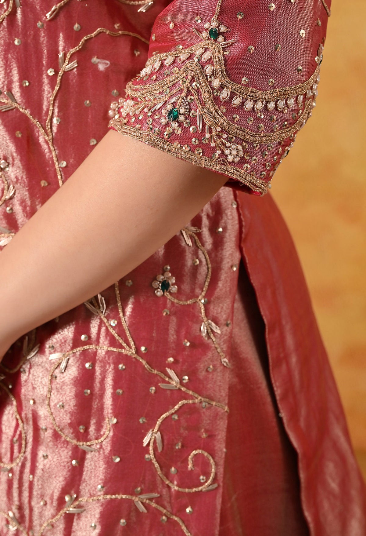 Golden Pink Zardozi Embroidered Tissue Silk Gharara