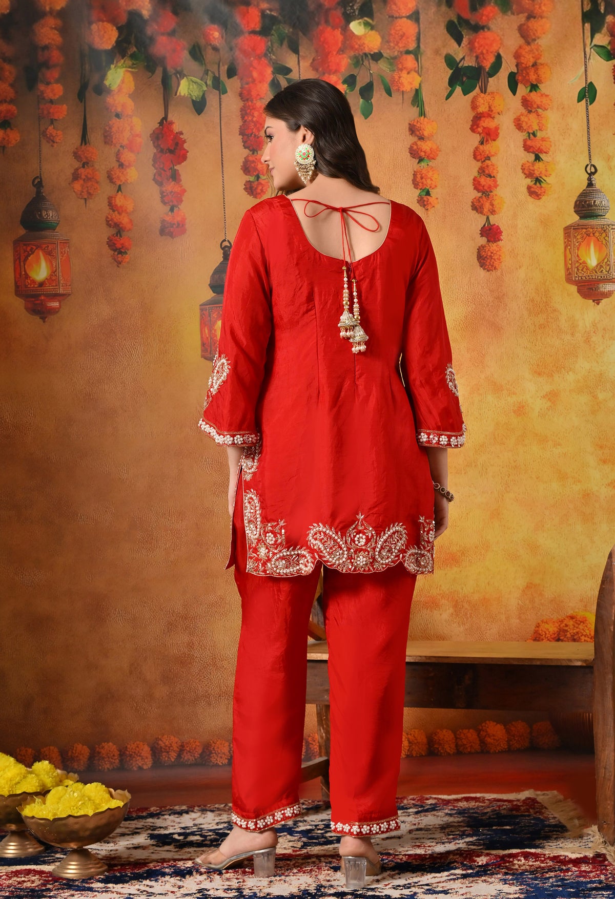 Red Zardozi Embroidered Glass Silk Kurta Set
