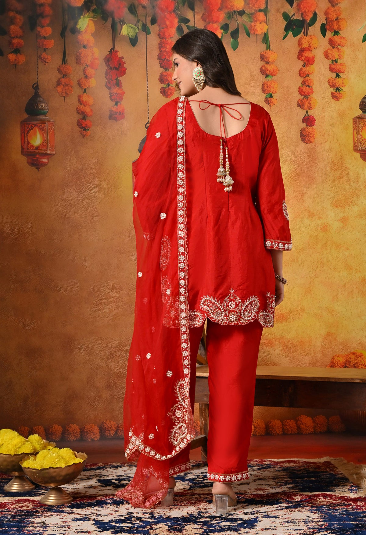 Red Zardozi Embroidered Glass Silk Kurta Set