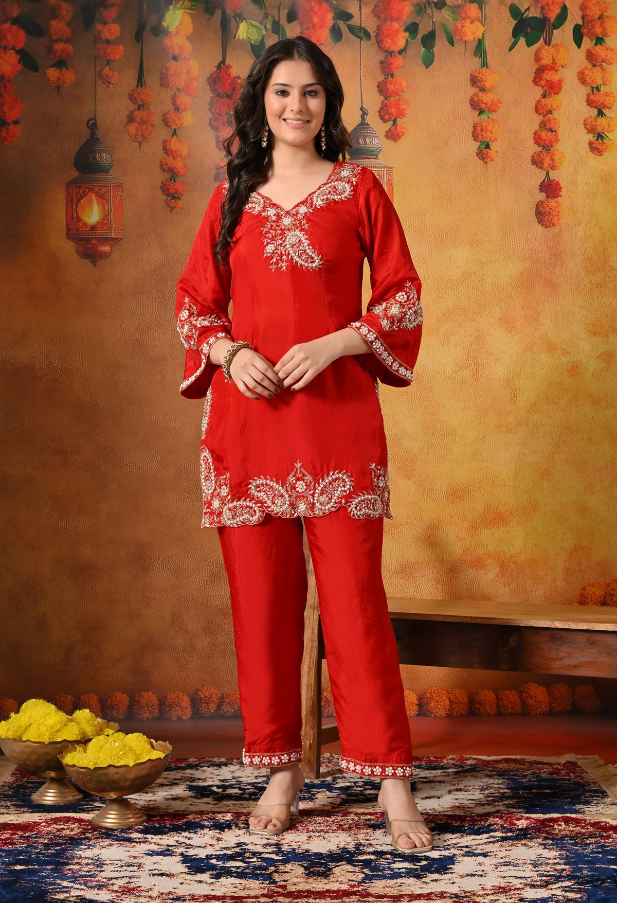 Red Zardozi Embroidered Glass Silk Kurta Set