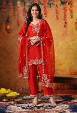 Red Zardozi Embroidered Glass Silk Kurta Set