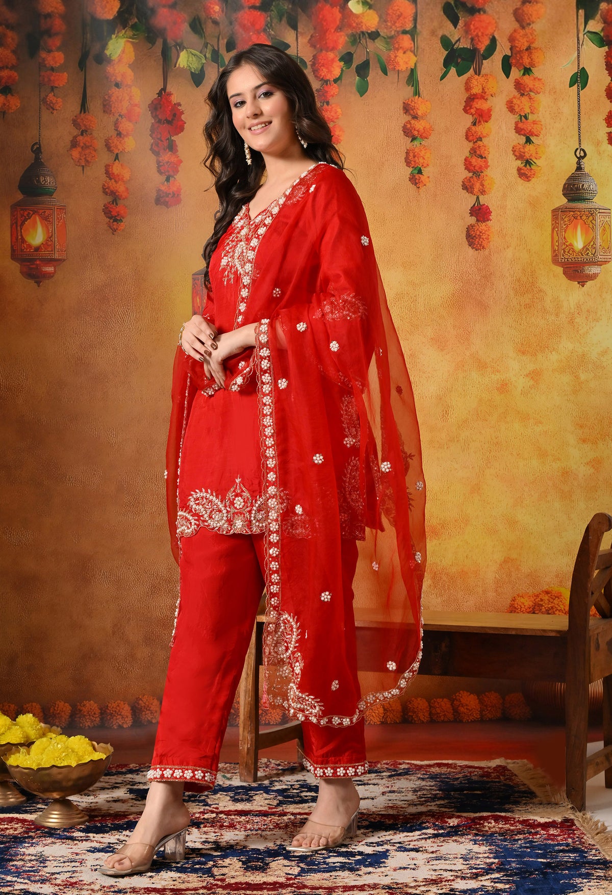Red Zardozi Embroidered Glass Silk Kurta Set