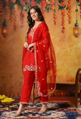 Red Zardozi Embroidered Glass Silk Kurta Set