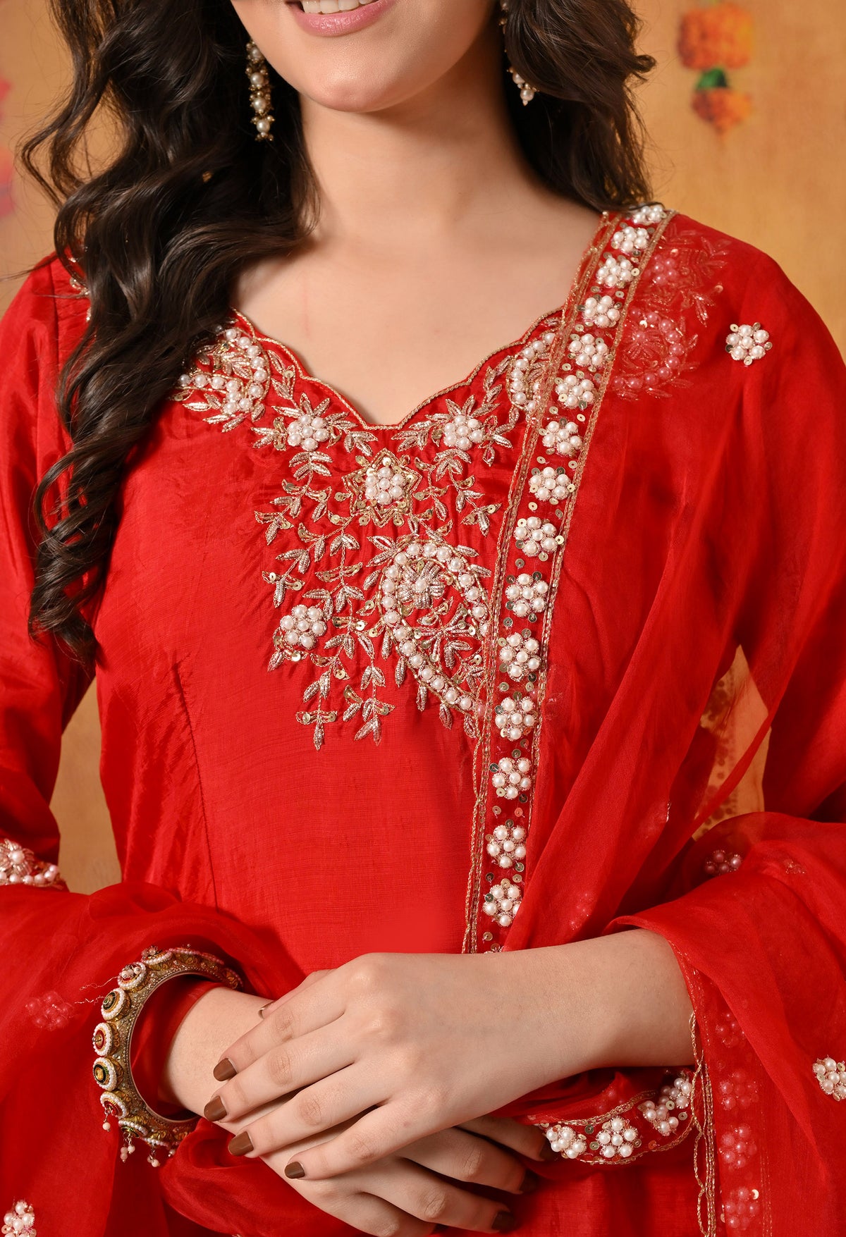 Red Zardozi Embroidered Glass Silk Kurta Set