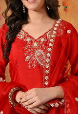 Red Zardozi Embroidered Glass Silk Kurta Set