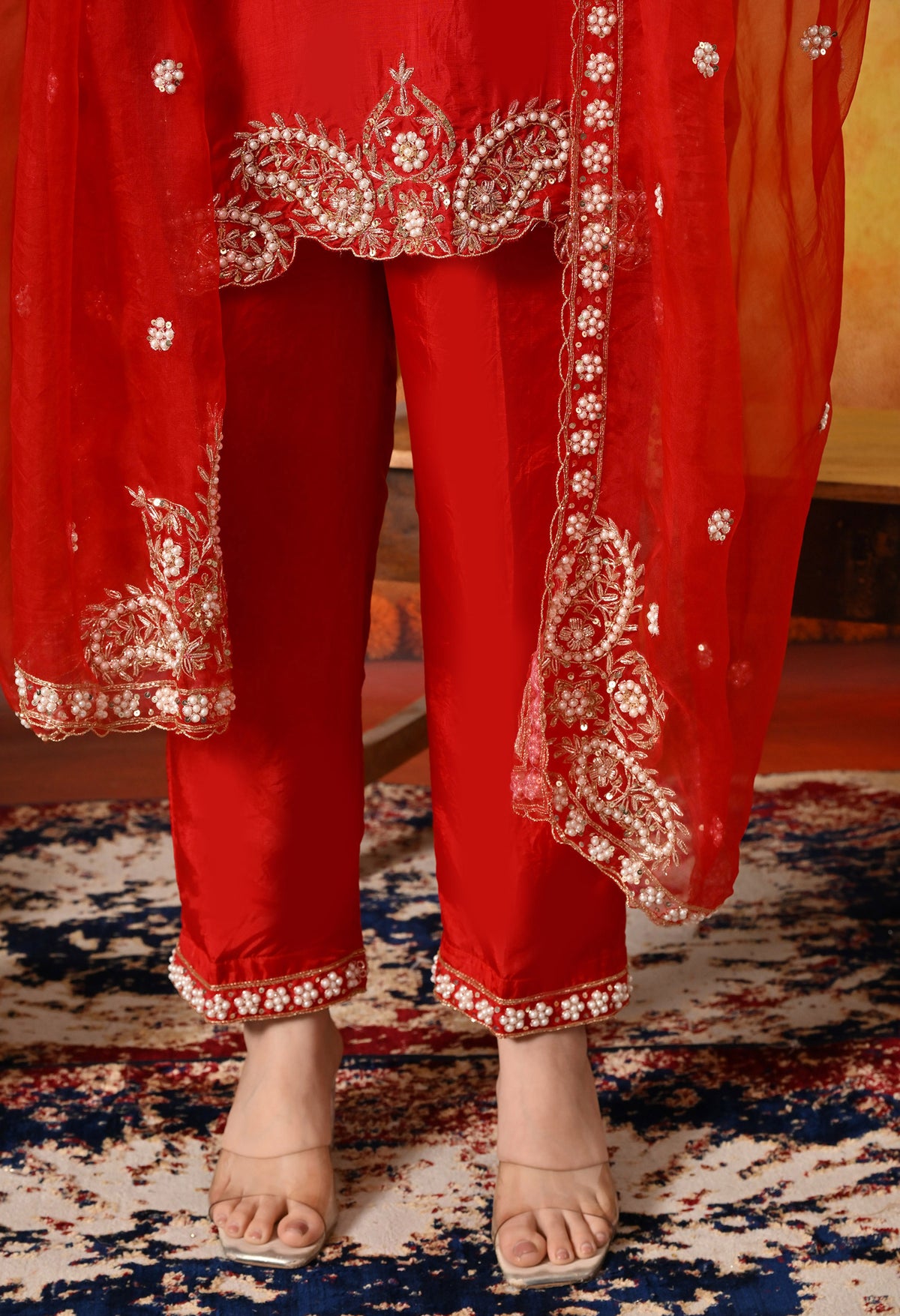 Red Zardozi Embroidered Glass Silk Kurta Set