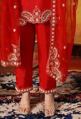 Red Zardozi Embroidered Glass Silk Kurta Set