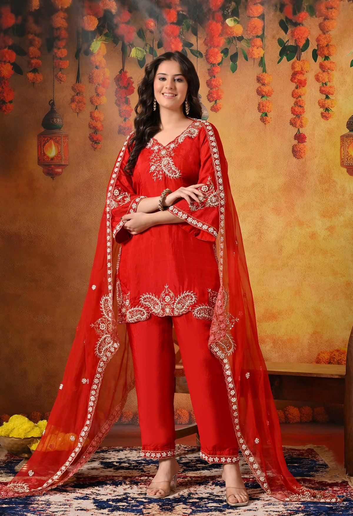 Red Zardozi Embroidered Glass Silk Kurta Set