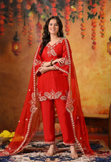 Red Zardozi Embroidered Glass Silk Kurta Set