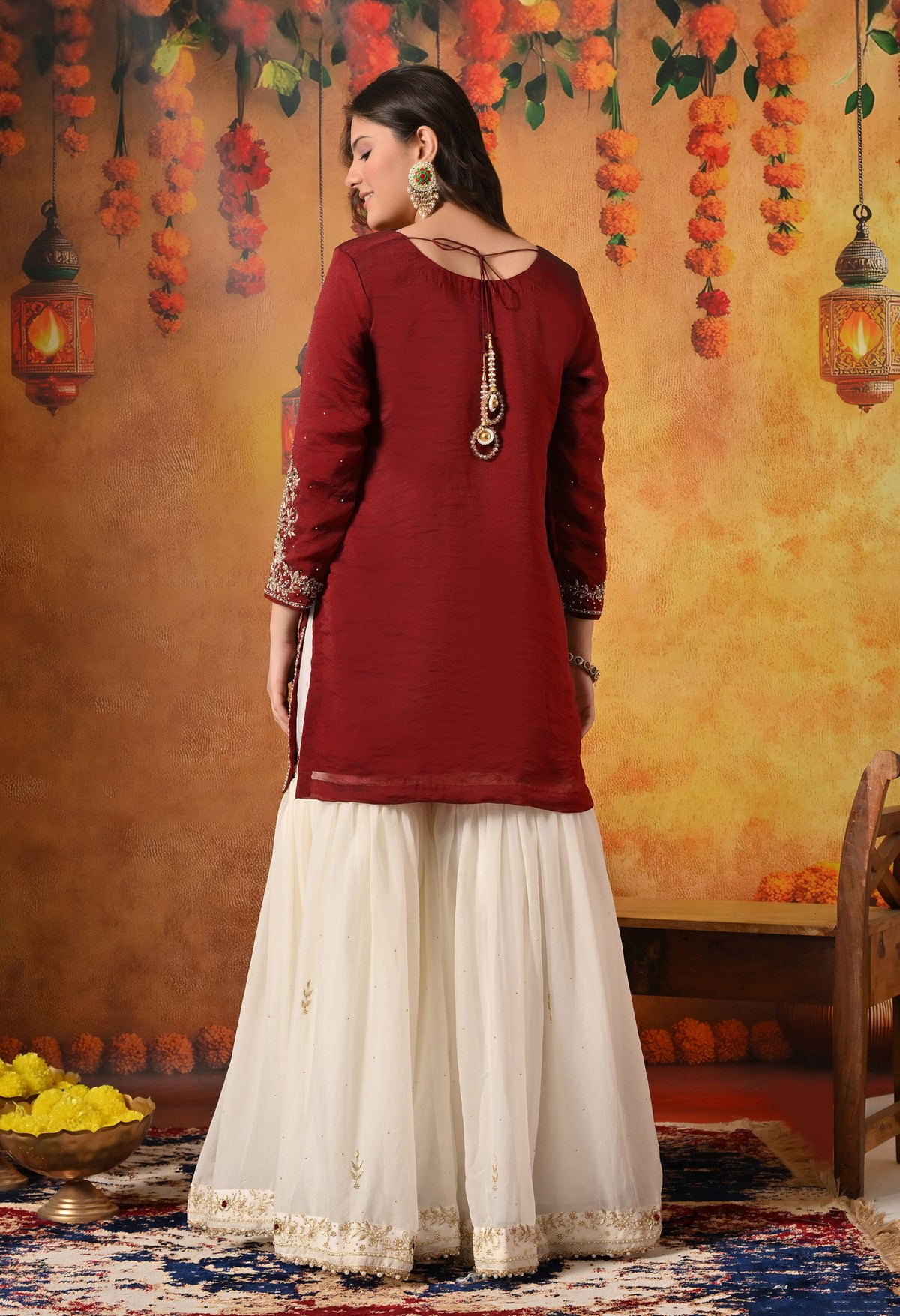 Maroon & Cream Zardozi Embellished Glass Tissue Gharara Set