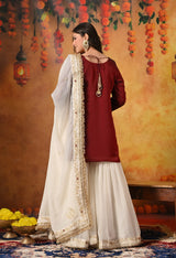 Maroon & Cream Zardozi Embellished Glass Tissue Gharara Set