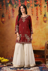 Maroon & Cream Zardozi Embellished Glass Tissue Gharara Set