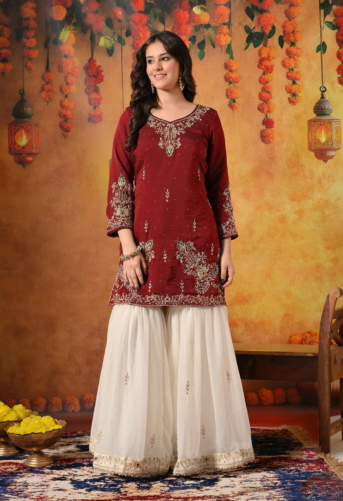 Maroon & Cream Zardozi Embellished Glass Tissue Gharara Set