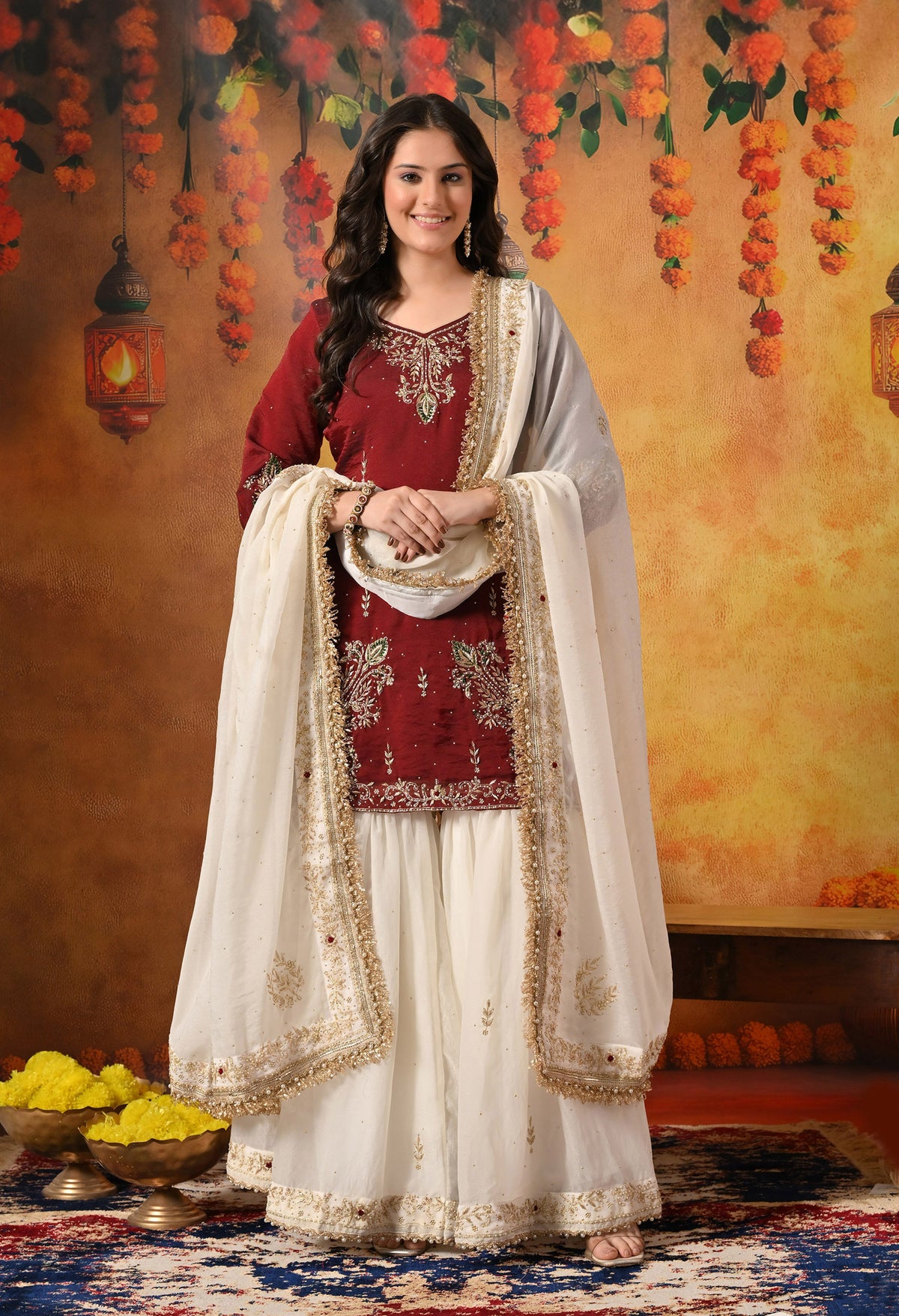 Maroon & Cream Zardozi Embellished Glass Tissue Gharara Set
