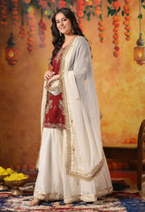 Maroon & Cream Zardozi Embellished Glass Tissue Gharara Set