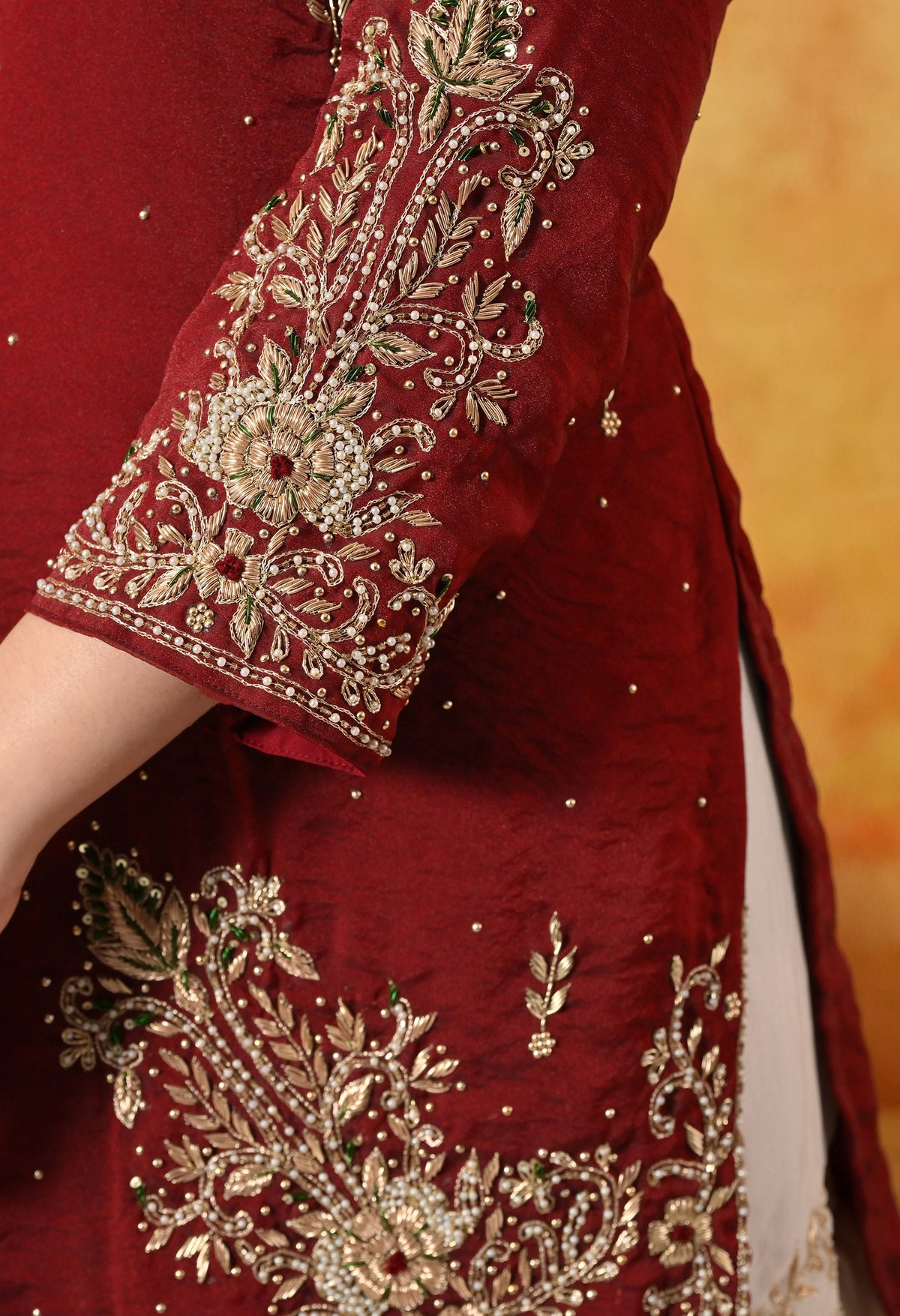 Maroon & Cream Zardozi Embellished Glass Tissue Gharara Set