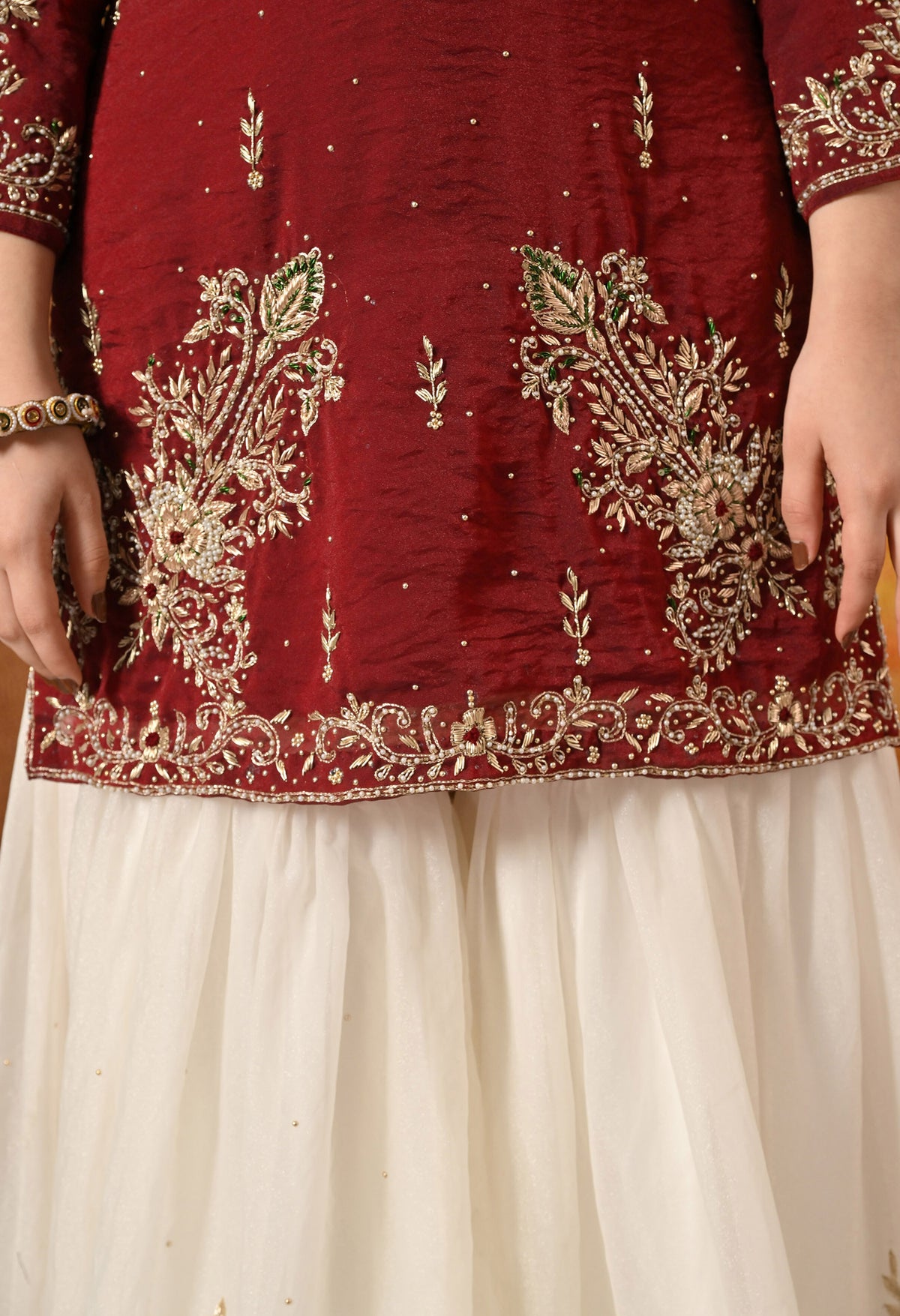Maroon & Cream Zardozi Embellished Glass Tissue Gharara Set