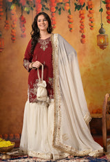 Maroon & Cream Zardozi Embellished Glass Tissue Gharara Set