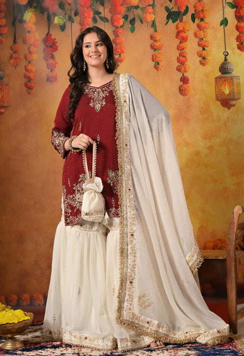 Maroon & Cream Zardozi Embellished Glass Tissue Gharara Set