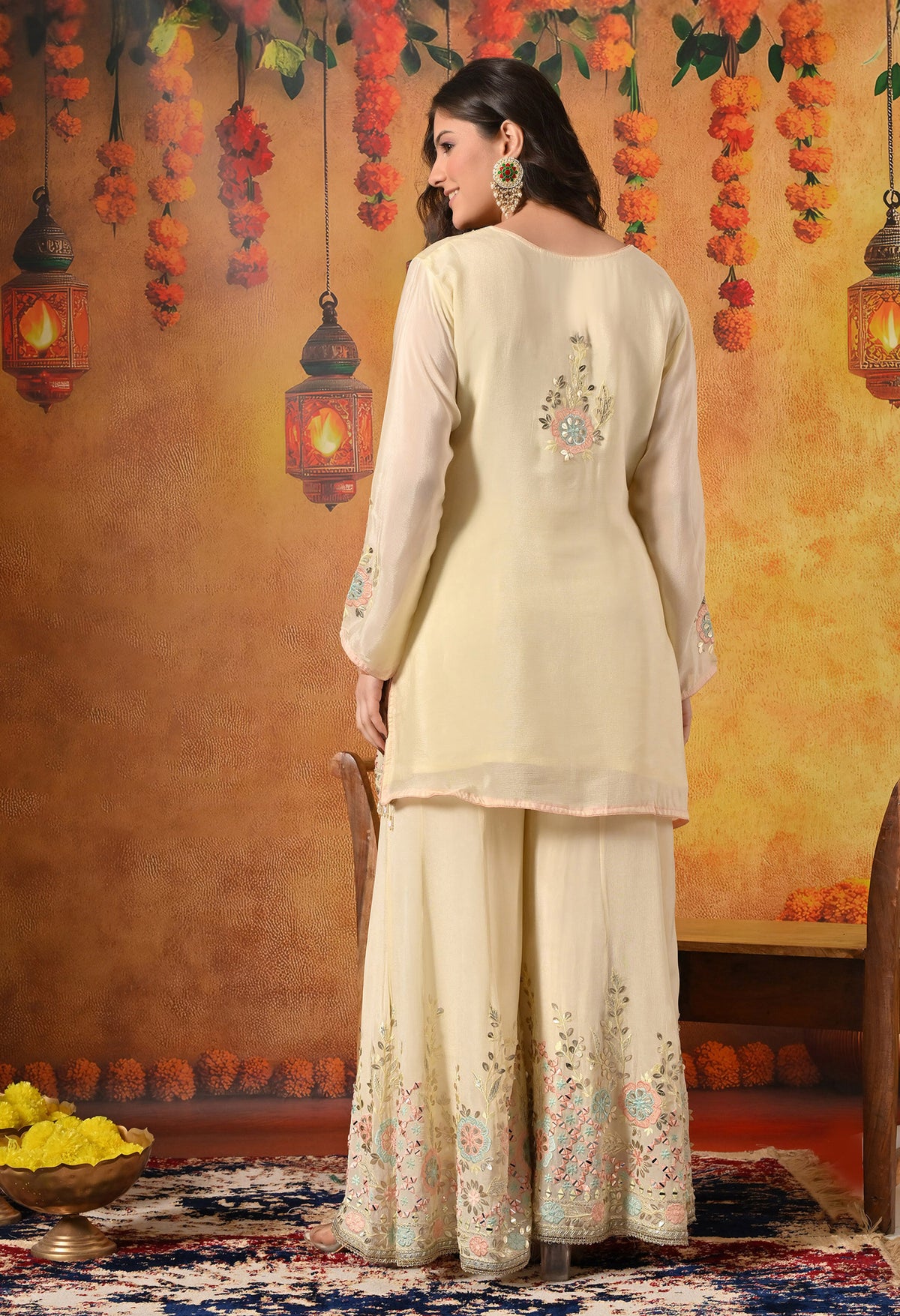 Light Yellow Thread, Gotta & Mirror Embroidered Chinon Sharara Set