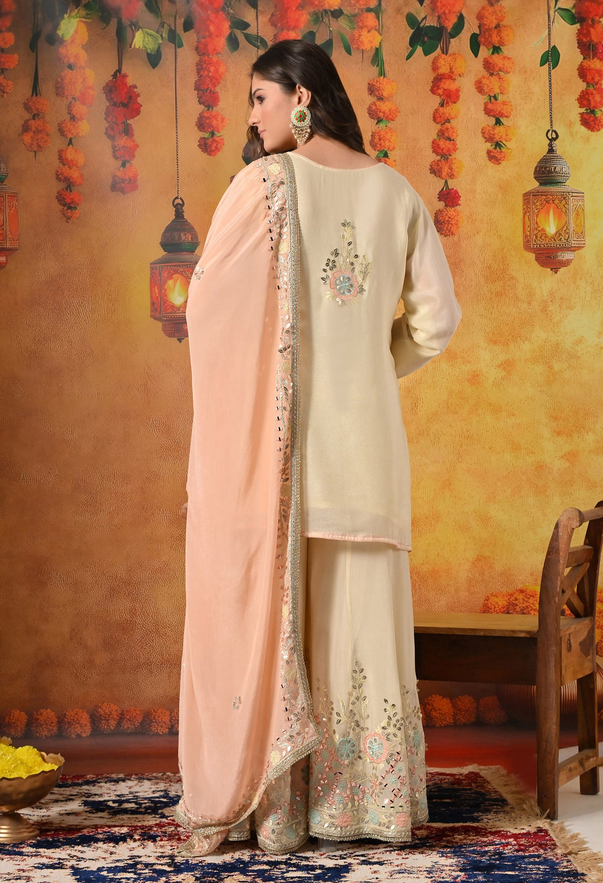 Light Yellow Thread, Gotta & Mirror Embroidered Chinon Sharara Set