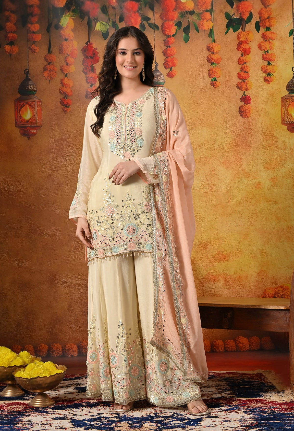 Light Yellow Thread, Gotta & Mirror Embroidered Chinon Sharara Set