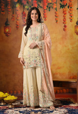 Light Yellow Thread, Gotta & Mirror Embroidered Chinon Sharara Set
