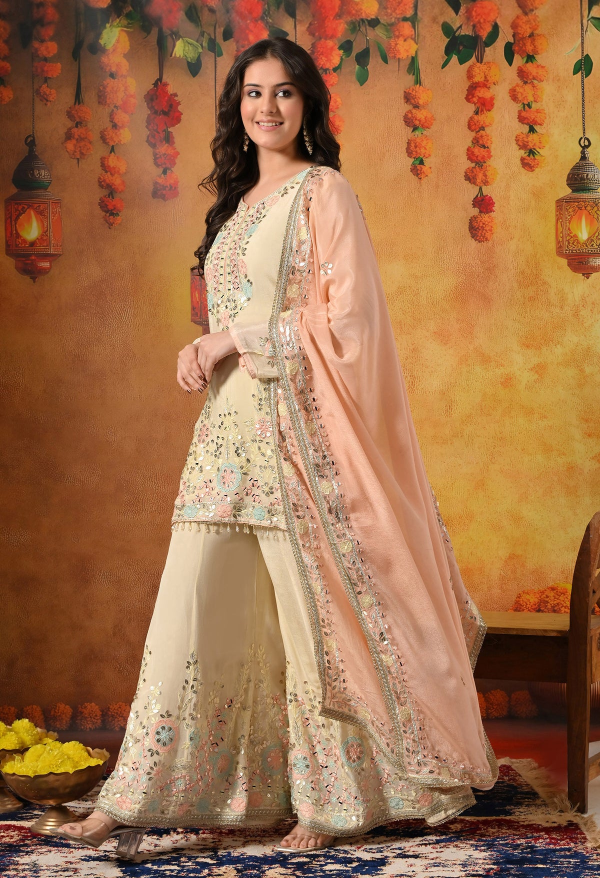 Light Yellow Thread, Gotta & Mirror Embroidered Chinon Sharara Set