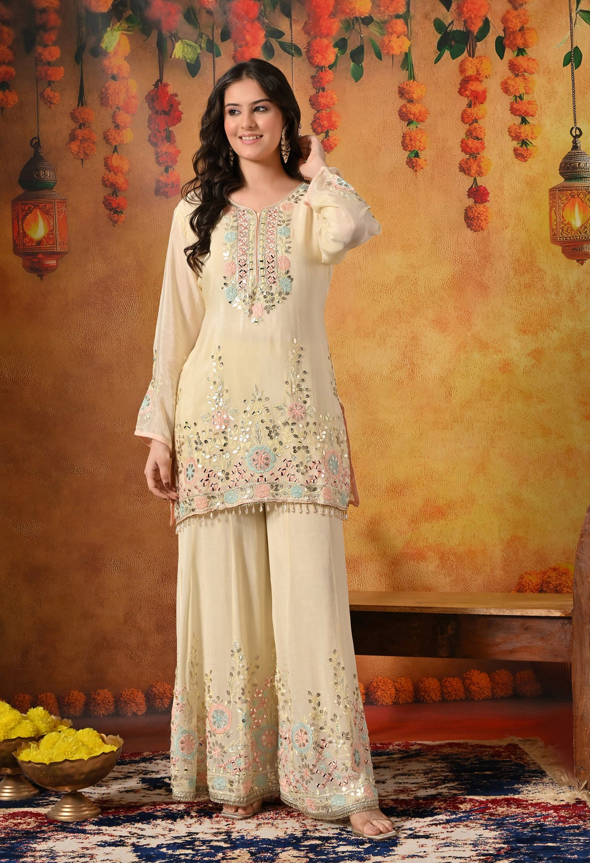 Light Yellow Thread, Gotta & Mirror Embroidered Chinon Sharara Set