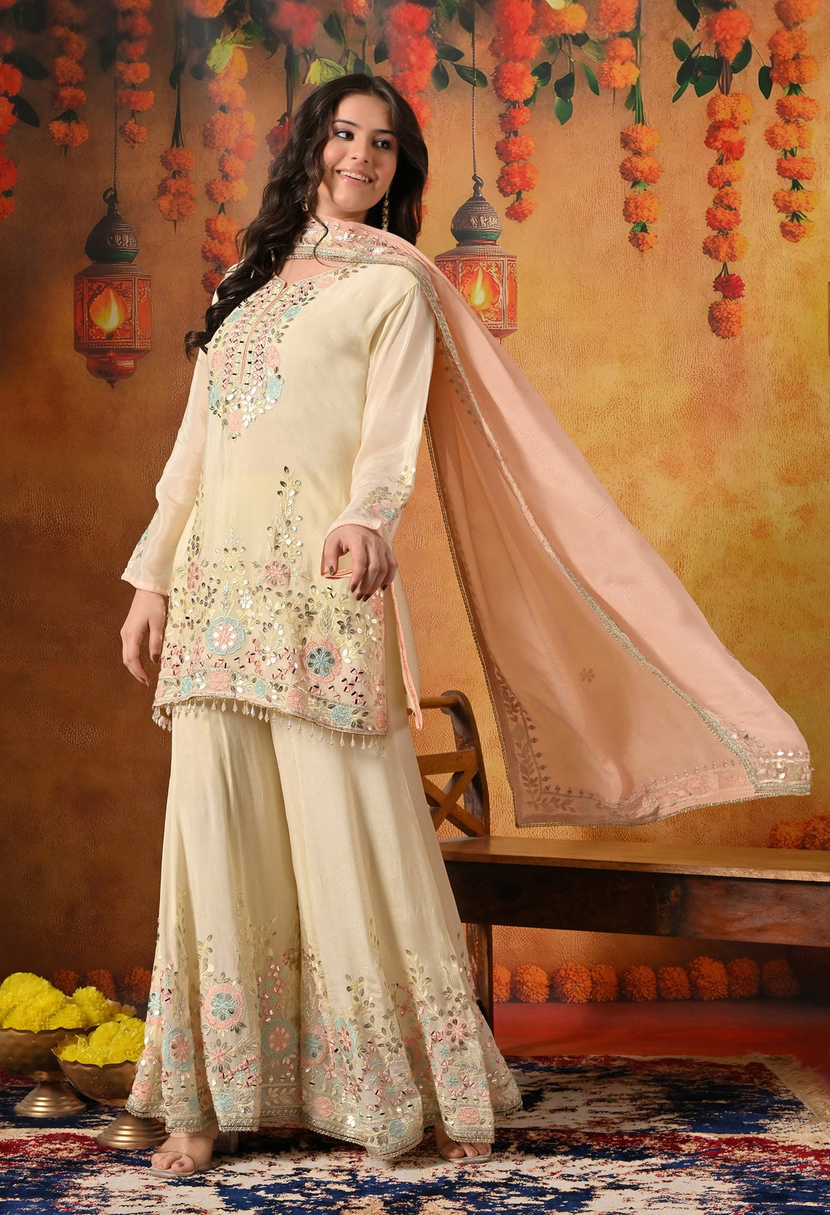 Light Yellow Thread, Gotta & Mirror Embroidered Chinon Sharara Set