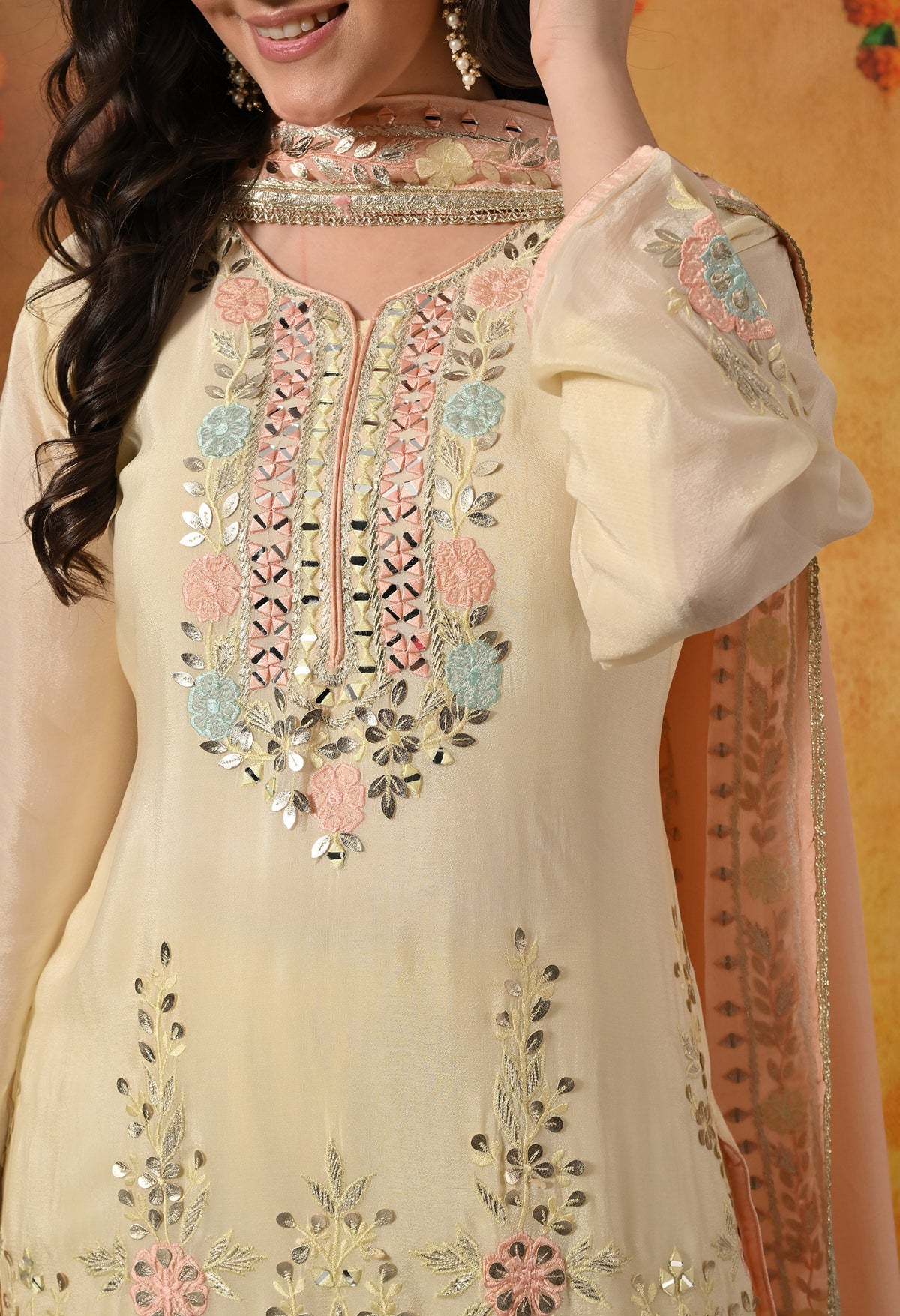 Light Yellow Thread, Gotta & Mirror Embroidered Chinon Sharara Set