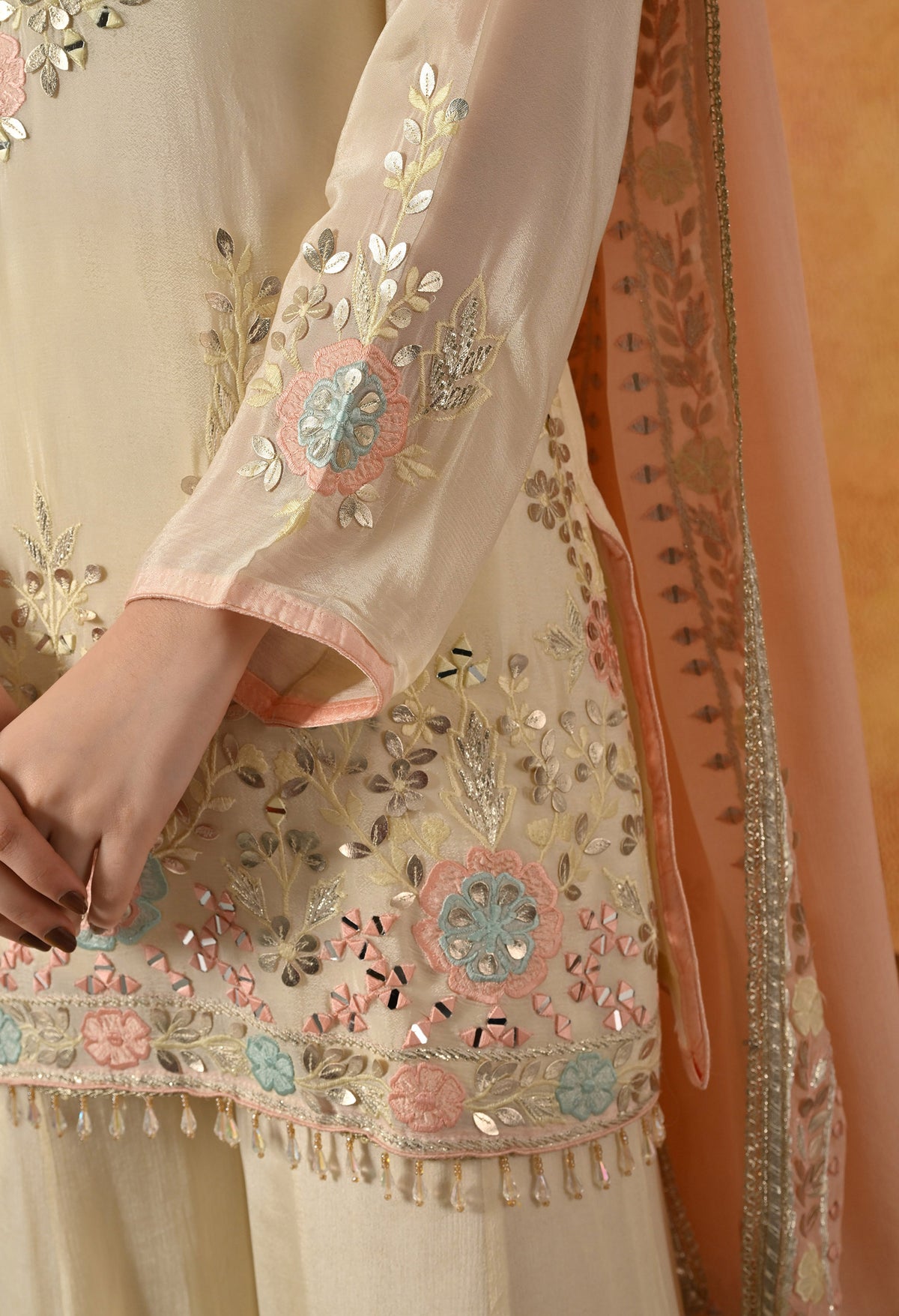 Light Yellow Thread, Gotta & Mirror Embroidered Chinon Sharara Set