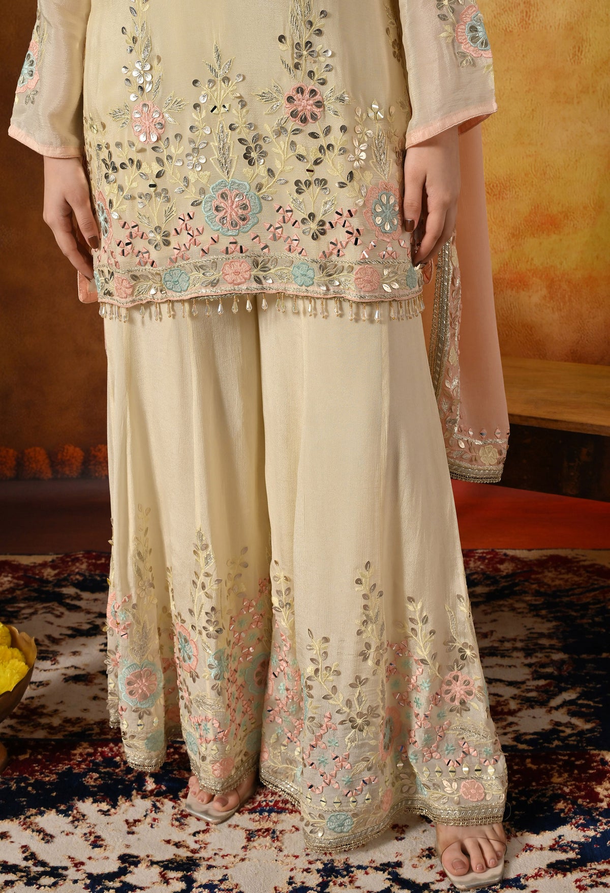 Light Yellow Thread, Gotta & Mirror Embroidered Chinon Sharara Set