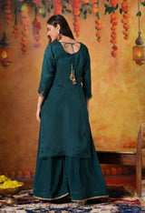 Pine Green Zardozi & Dabka Embroidered Organza Sharara Set