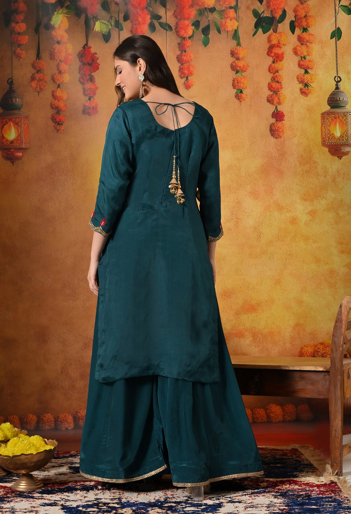 Pine Green Zardozi & Dabka Embroidered Organza Sharara Set