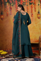 Pine Green Zardozi & Dabka Embroidered Organza Sharara Set