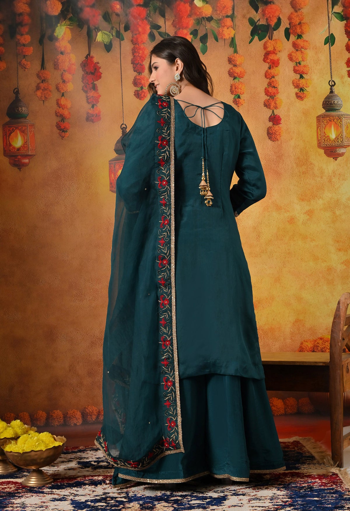 Pine Green Zardozi & Dabka Embroidered Organza Sharara Set