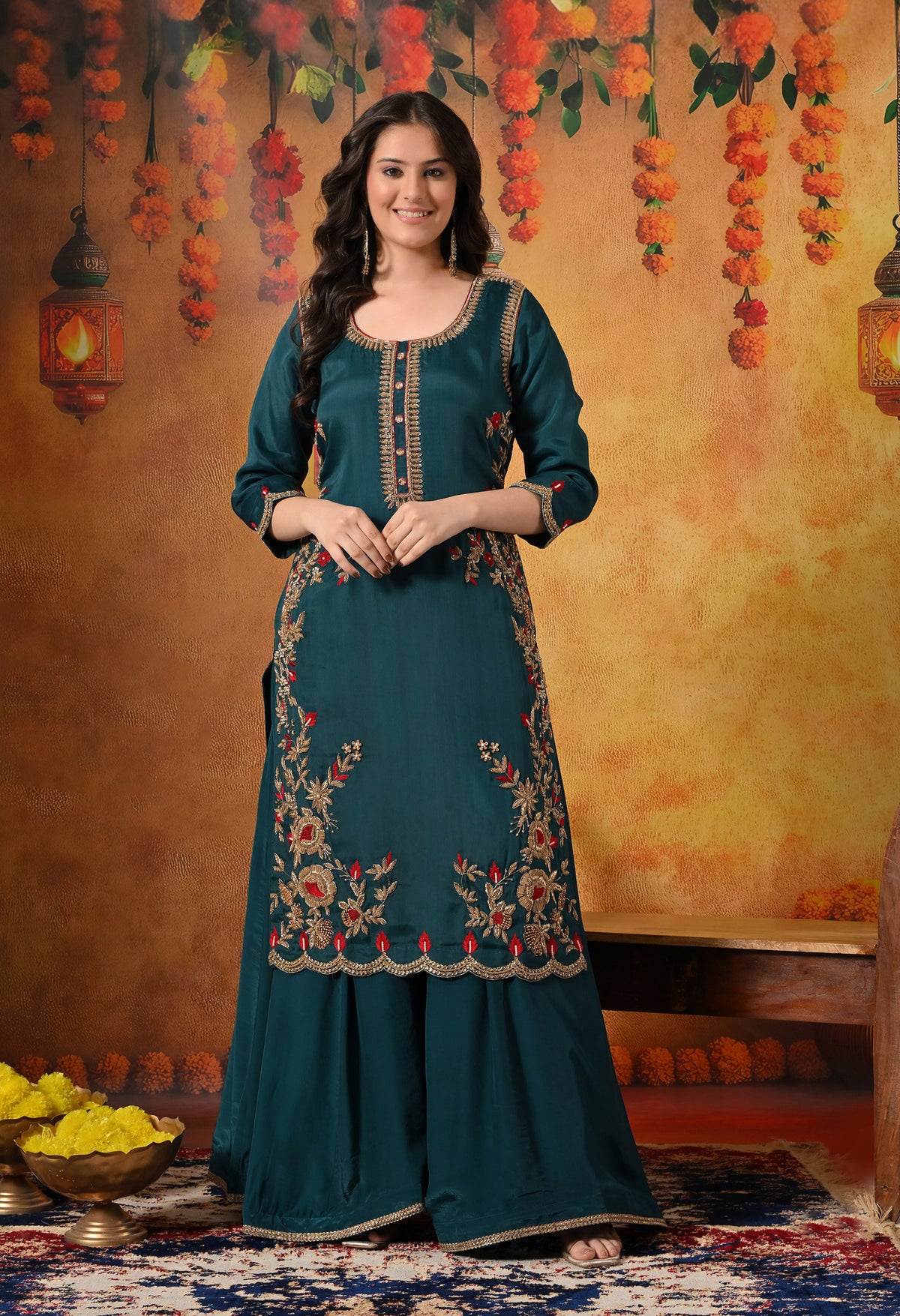 Pine Green Zardozi & Dabka Embroidered Organza Sharara Set