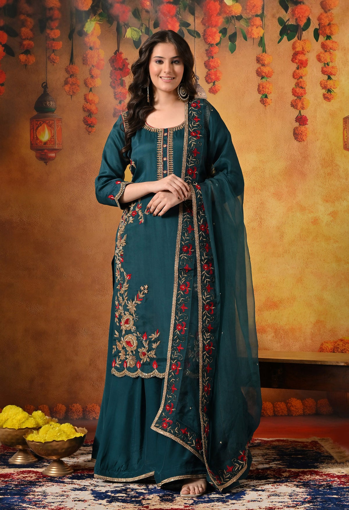 Pine Green Zardozi & Dabka Embroidered Organza Sharara Set