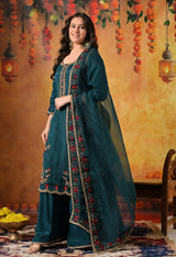 Pine Green Zardozi & Dabka Embroidered Organza Sharara Set