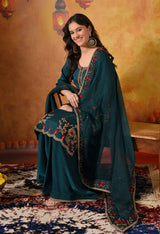 Pine Green Zardozi & Dabka Embroidered Organza Sharara Set