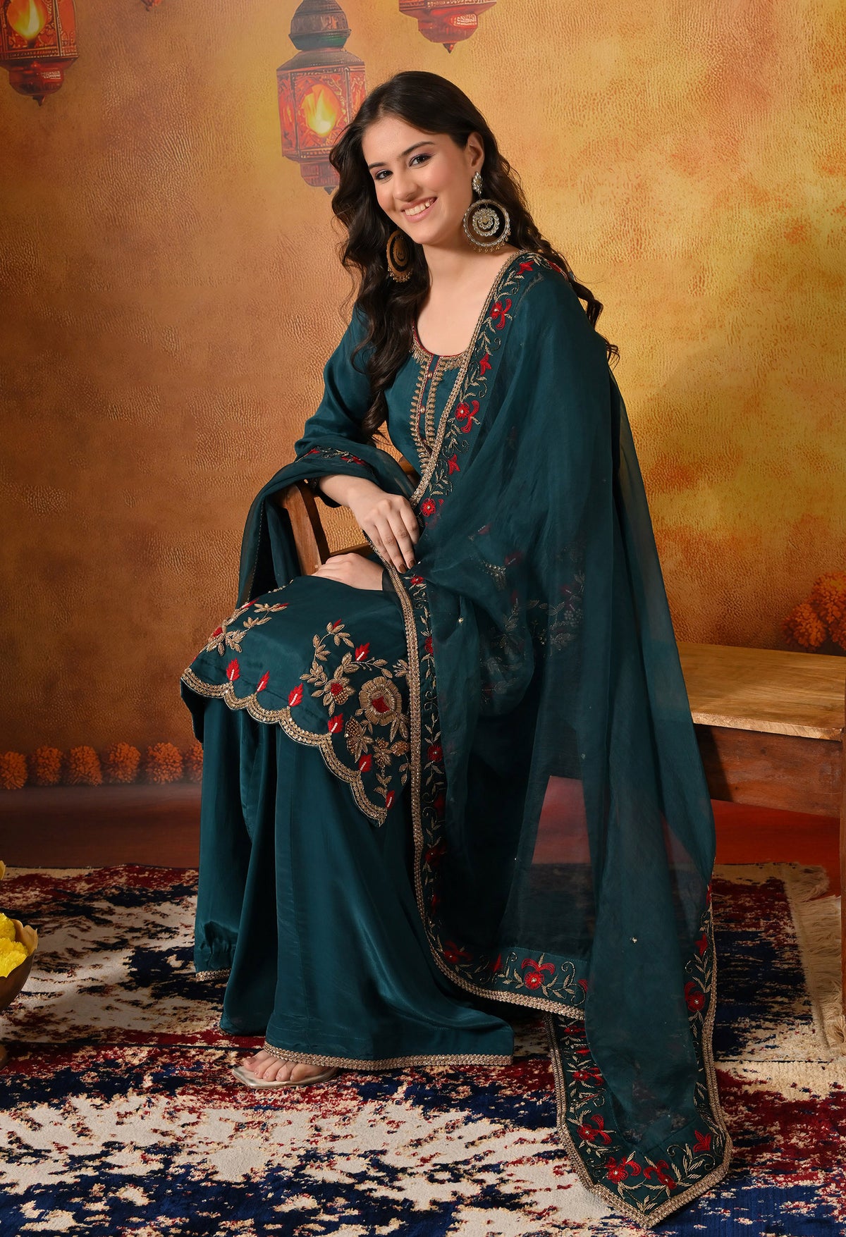 Pine Green Zardozi & Dabka Embroidered Organza Sharara Set