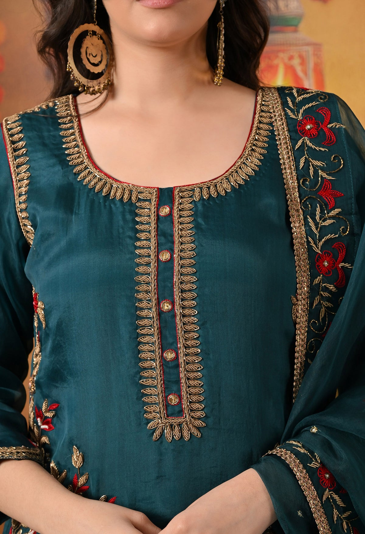 Pine Green Zardozi & Dabka Embroidered Organza Sharara Set