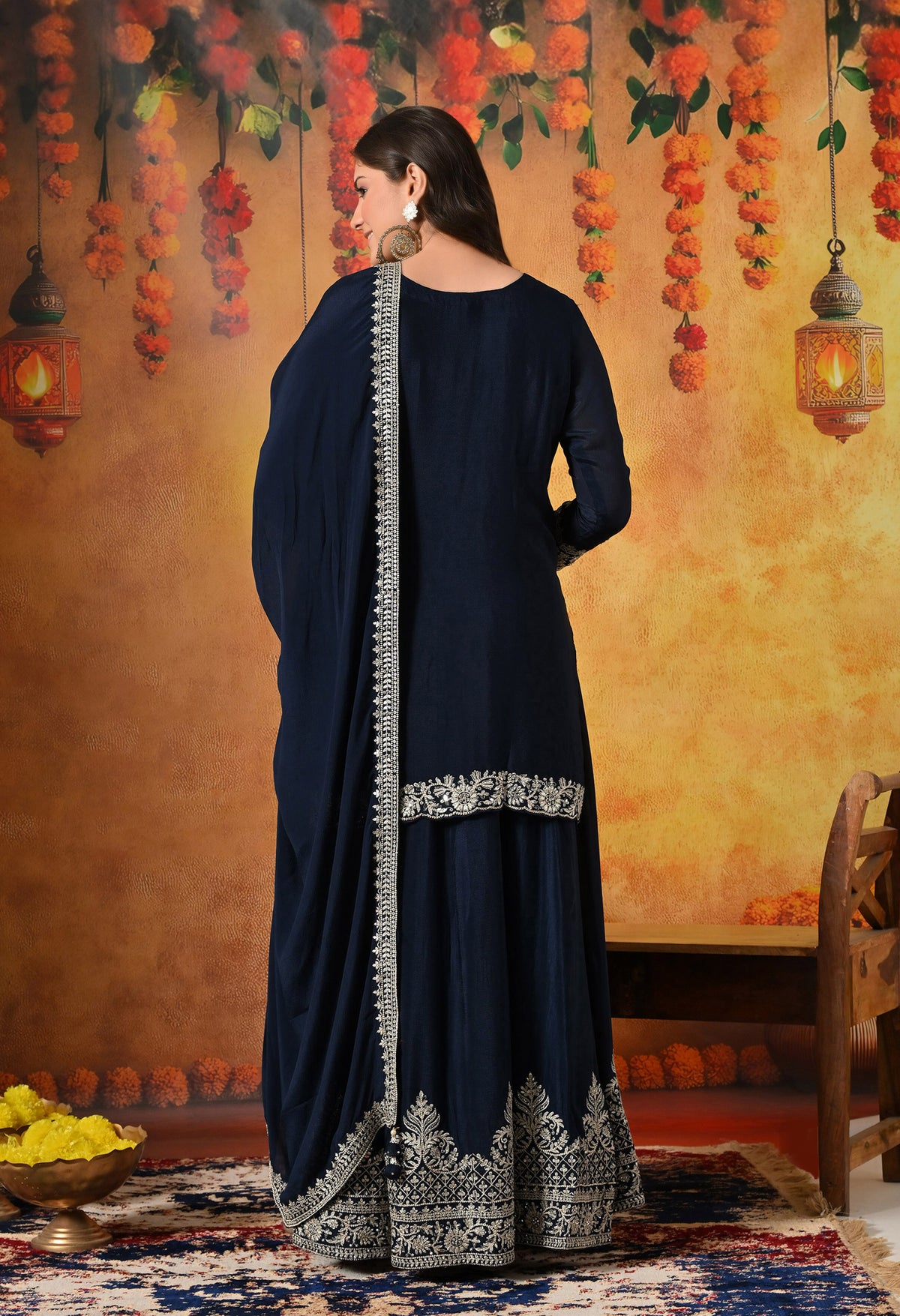Blue Zardozi, Mirror & Sequin Embellished Chinon Lehenga Set